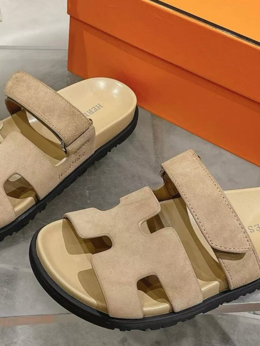 Womens Hermès Suede H Buckle Platform Slide Sandals - Picture 2 of 6